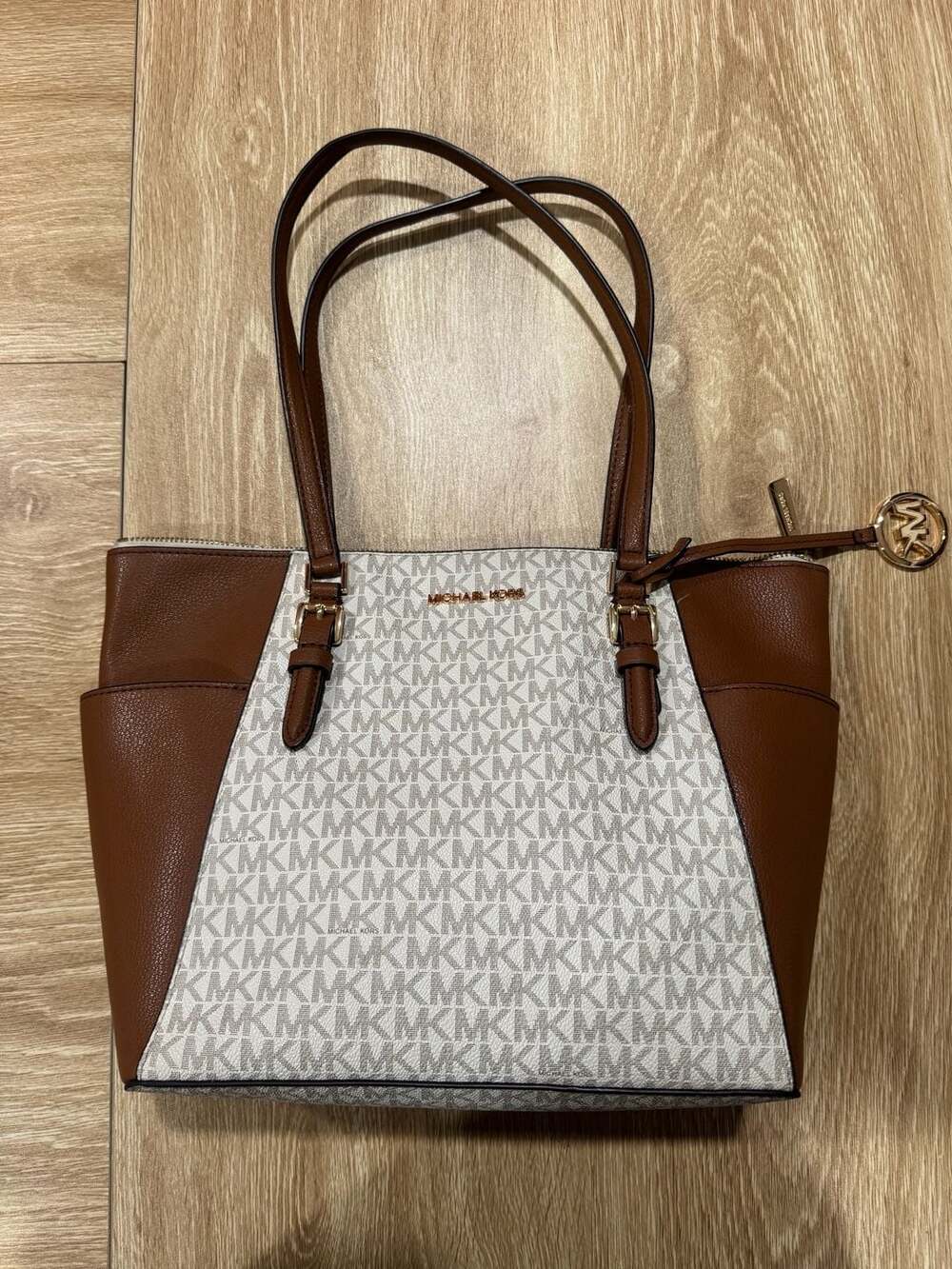 Michael Kors Charlotte Large Top Zip Tote Bag Vanilla Brown Coated Canvas